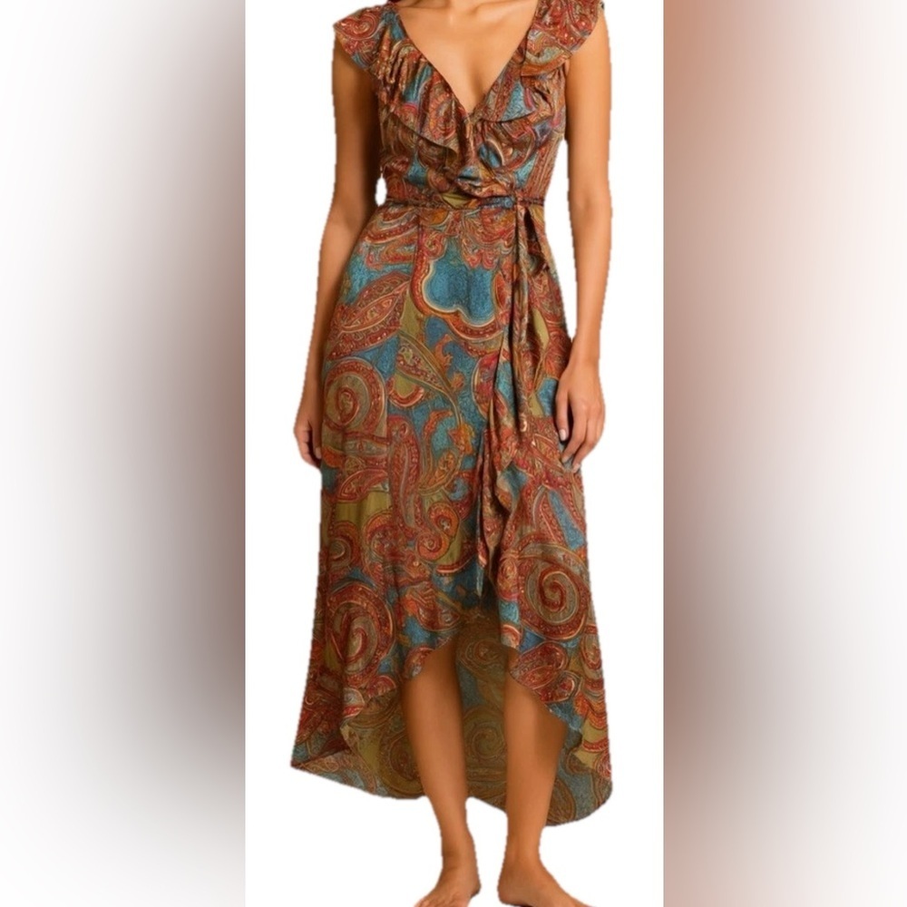 Lapis Midi Dress Boho Paisley Ruffle Cottagecore Festival Silky Y2K Romantic M